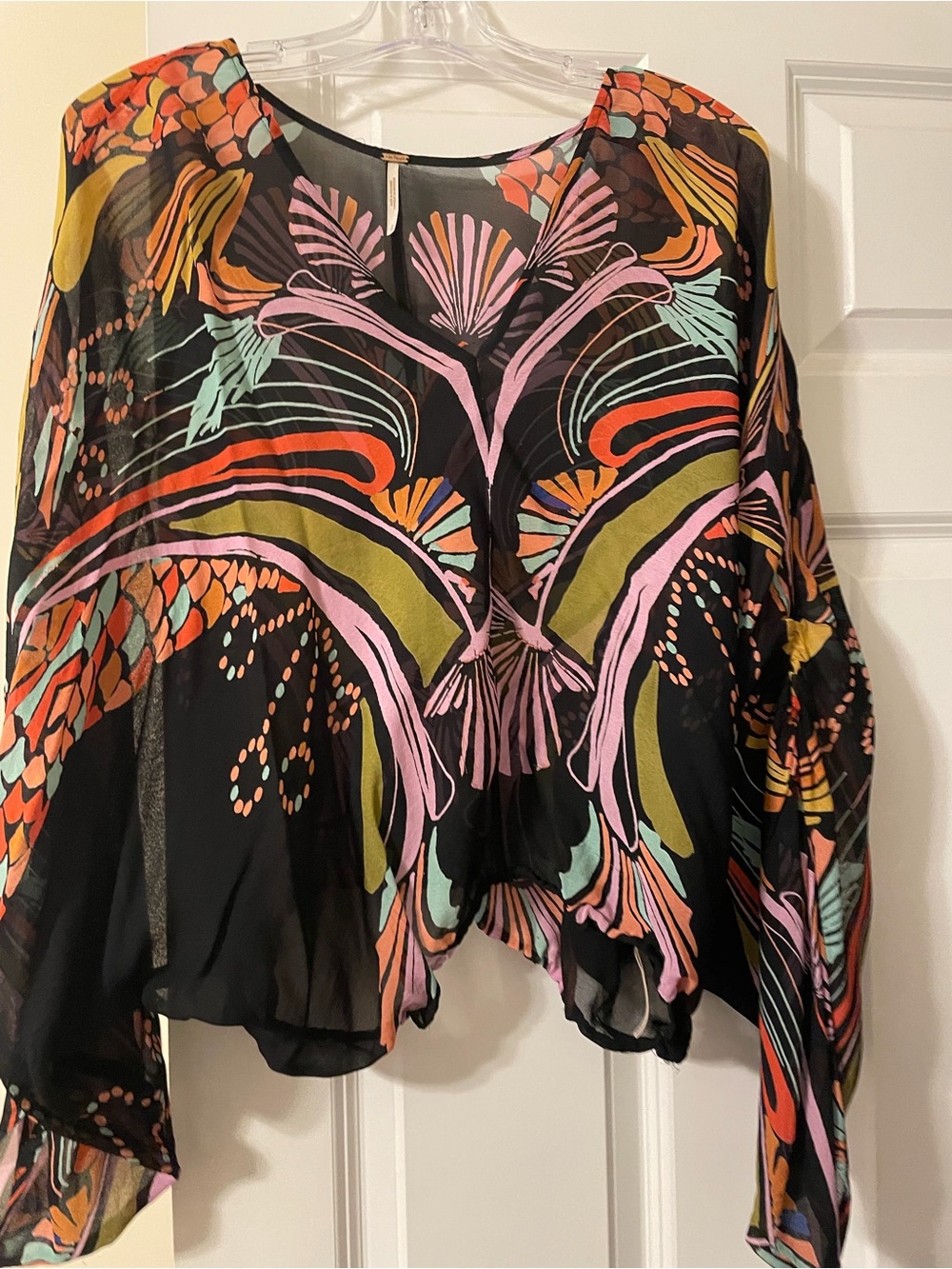 Free People Black Sheer Floral-Print Chiffon Blouse with Multicolor Accents